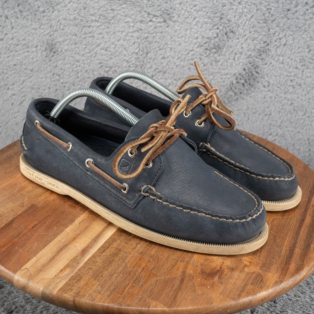 Sperry Men's Navy Blue Leather Boat Shoes with Brown Laces